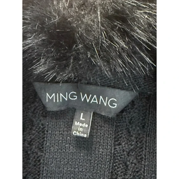 Ming Wang Sweater Vest Women L Black Faux Fur Trim Cable Knit Quiet Luxury Chic - Picture 9 of 15